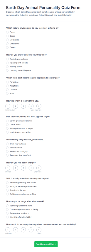 Earth Day Animal Personality Quiz Form Template