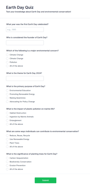 Earth Day Quiz Form Template