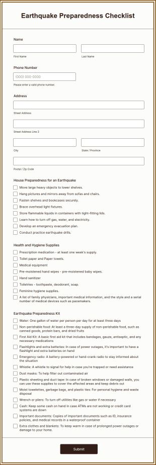 Earthquake Preparedness Checklist Form Template
