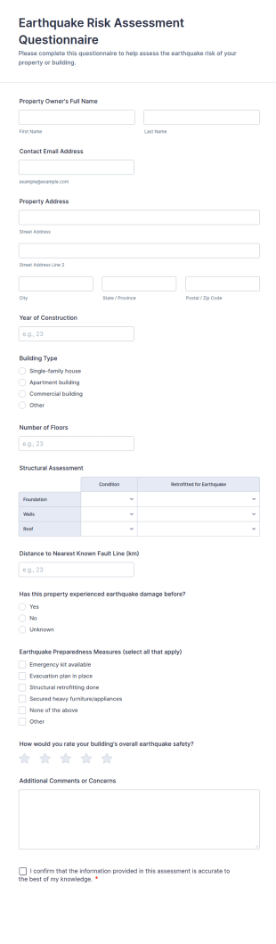 Earthquake Risk Assessment Questionnaire Form Template