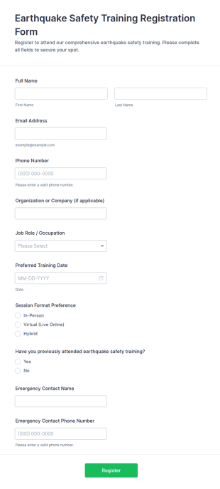 Earthquake Safety Training Registration Form Template