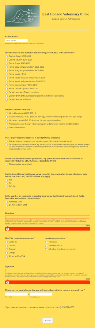 East Holland Veterinary Clinic Surgical Consent Form Template