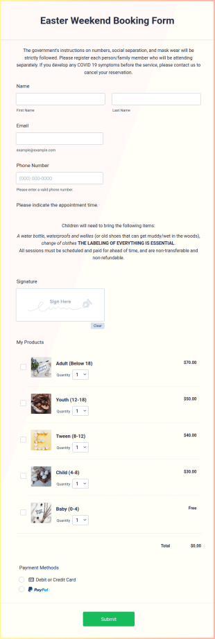 Easter Weekend Booking Form Template