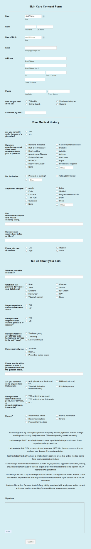 Easy Facial Consent Form Template