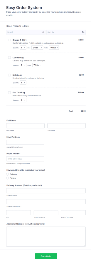 Easy Order System Form Template