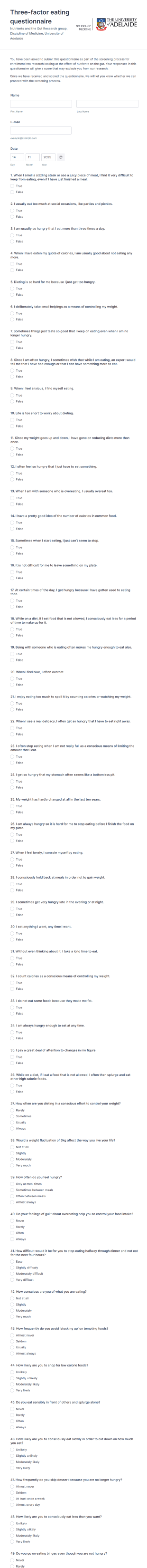 Three Factor Eating Questionnaire Form Template