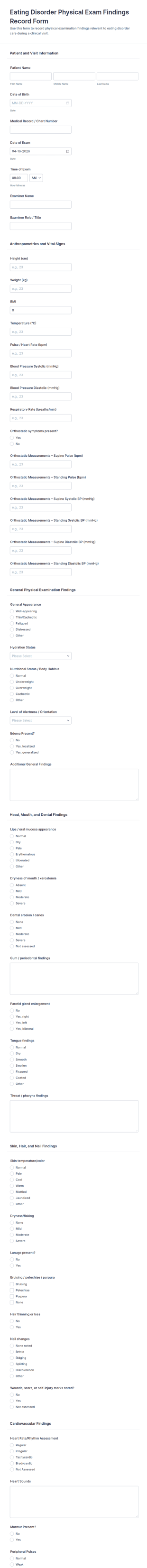 Eating Disorder Physical Exam Findings Record Form Template