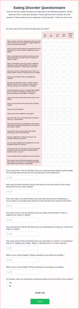 Eating Disorder Questionnaire Form Template