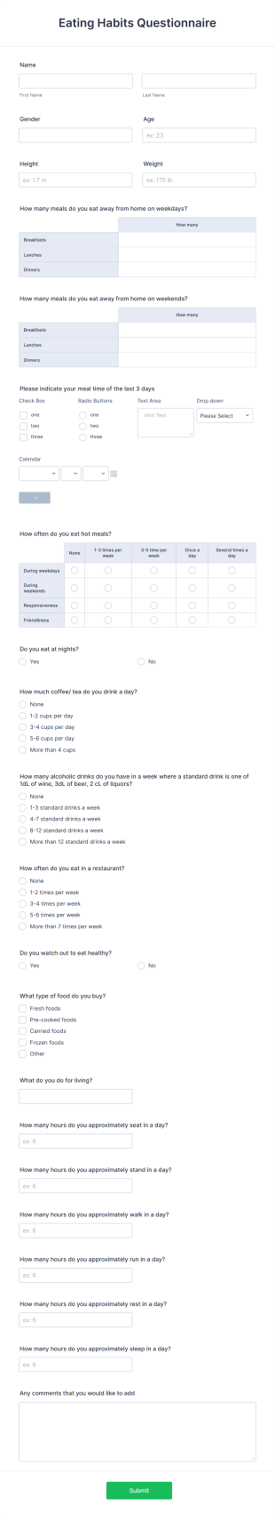 Eating Habits Questionnaire Form Template
