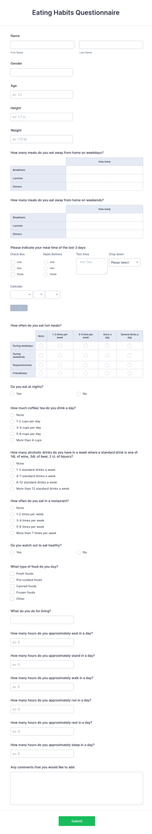 Eating Habits Questionnaire Form Template