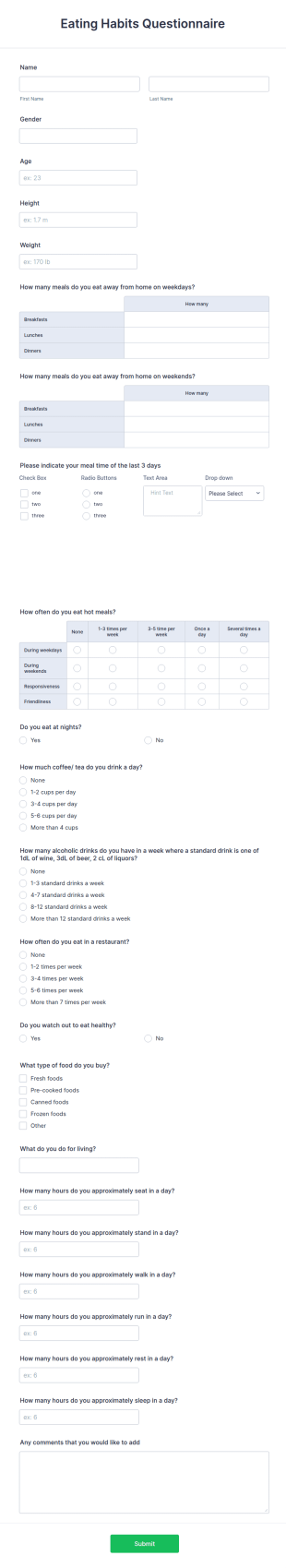 Eating Habits Questionnaire Form Template