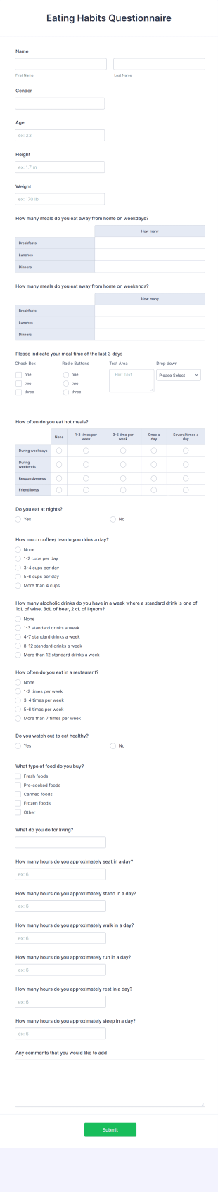 Eating Habits Questionnaire Form Template