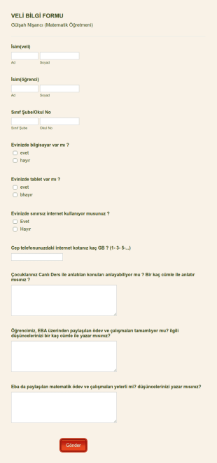 EBA Ve Matematik Ders Anketi Form Şablonu