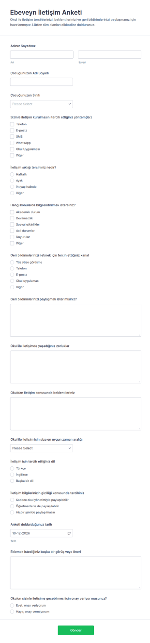 Ebeveyn İletişim Anketi Form Şablonu