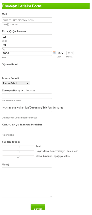 Ebeveyn İletişim Form Şablonu