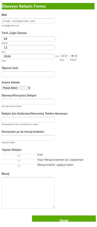Ebeveyn İletişim Form Şablonu