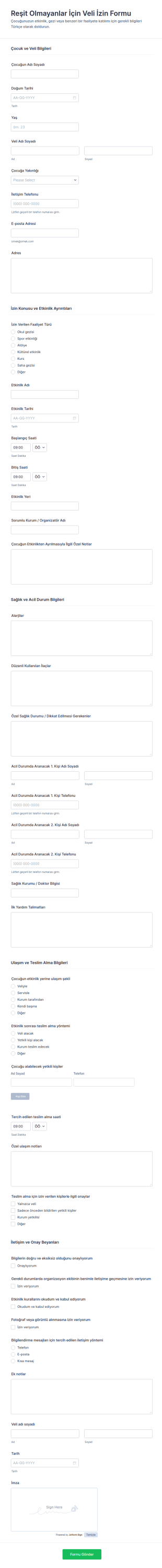 Ebeveyn Onay Formu (Çocuklar İçin) Form Şablonu