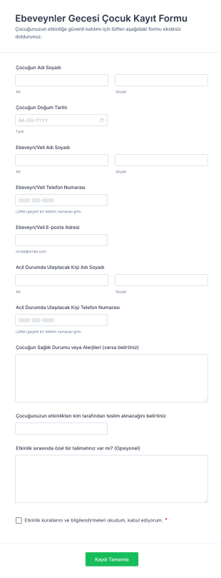 Ebeveynler Gecesi Çocuk Kayıt Form Şablonu