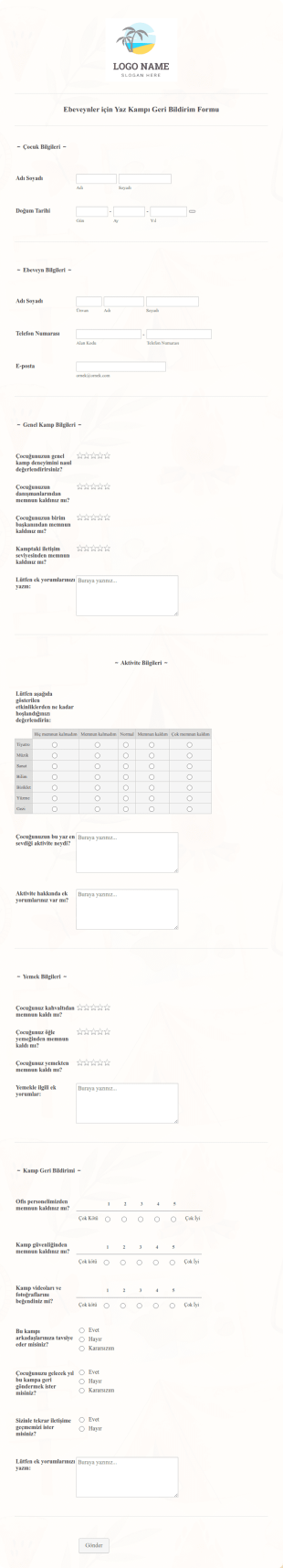 Ebeveynler Için Yaz Kampı Geri Bildirim Form Şablonu