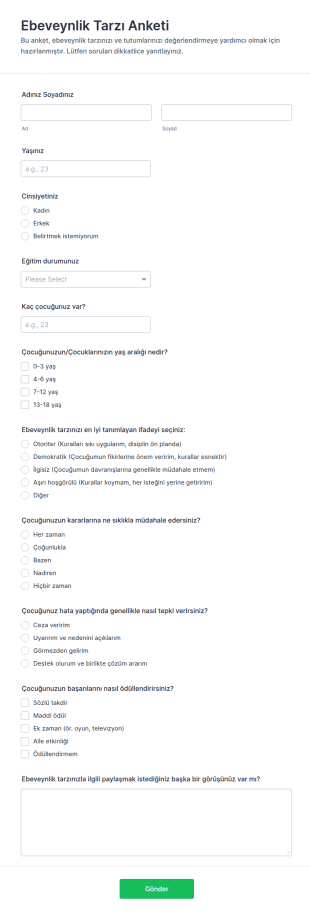 Ebeveynlik Tarzı Anketi Form Şablonu