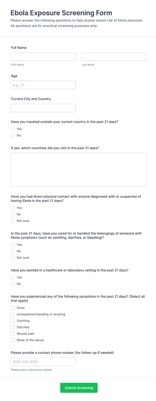 Ebola Exposure Screening Form Template