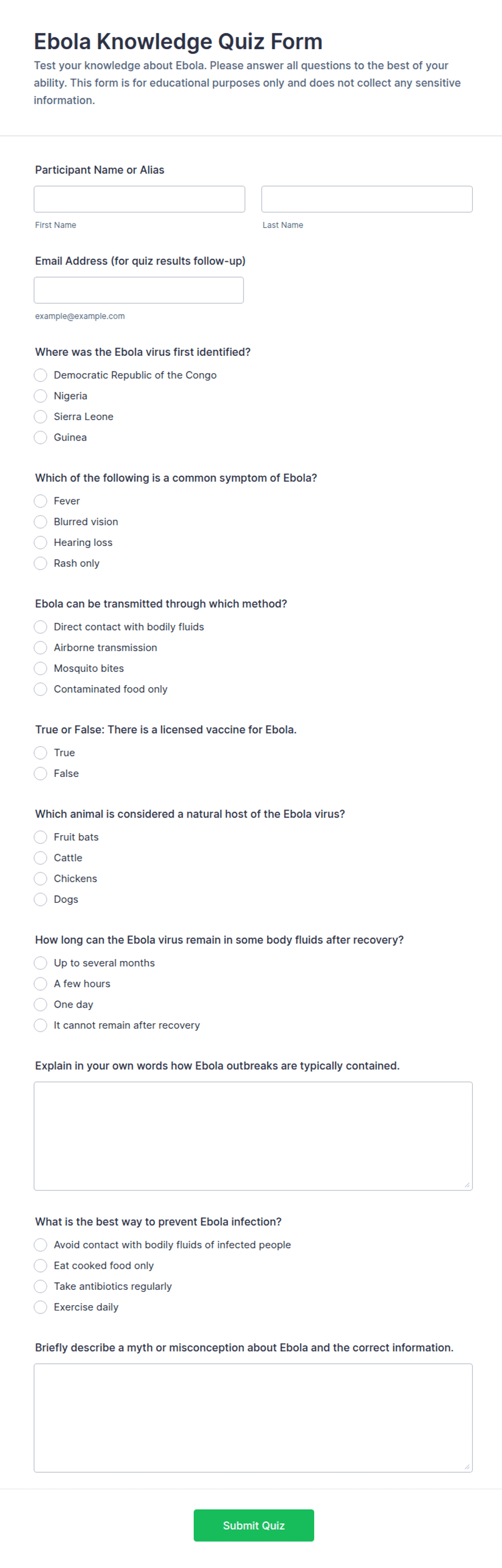 Ebola Knowledge Quiz Form Template | Jotform