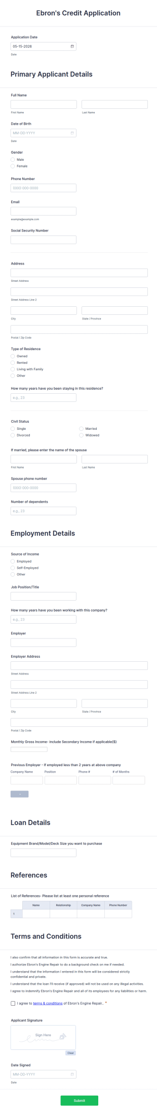 Ebron's Credit Application Form Template