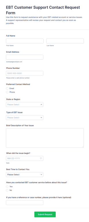 EBT Customer Support Contact Request Form Template