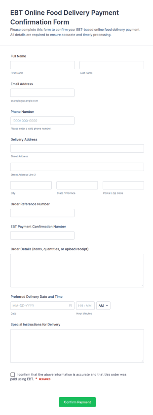 EBT Online Food Delivery Payment Confirmation Form Template