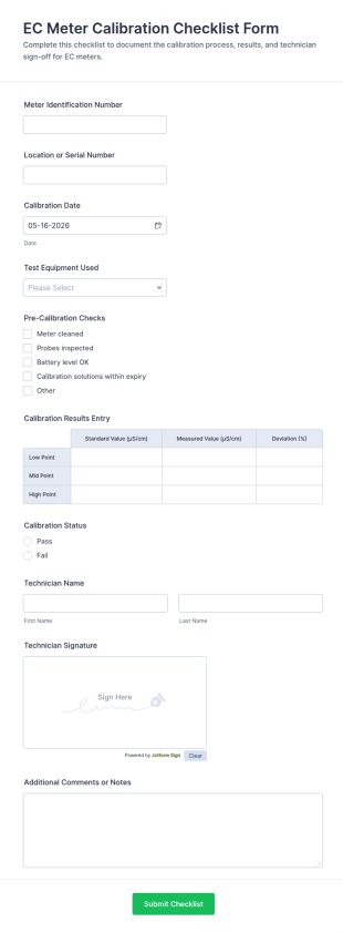 EC Meter Calibration Checklist Form Template