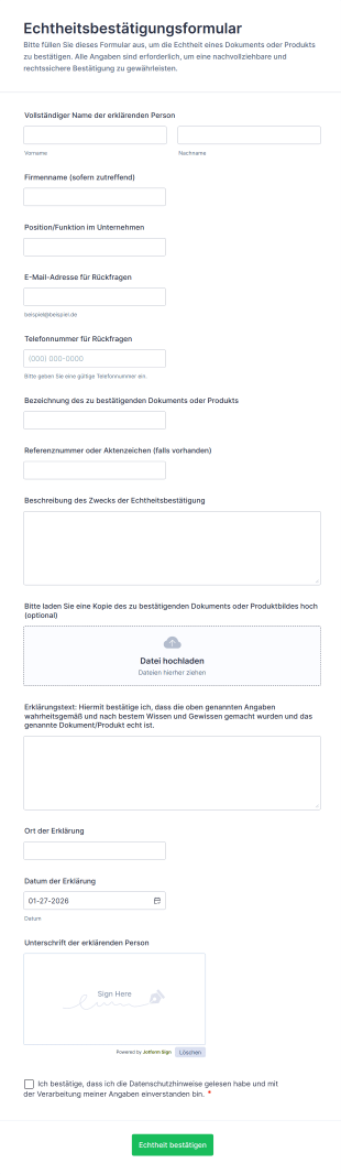 Echtheitsbestätigungsformular