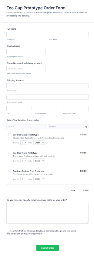 Eco Cup Prototype Order Form Template