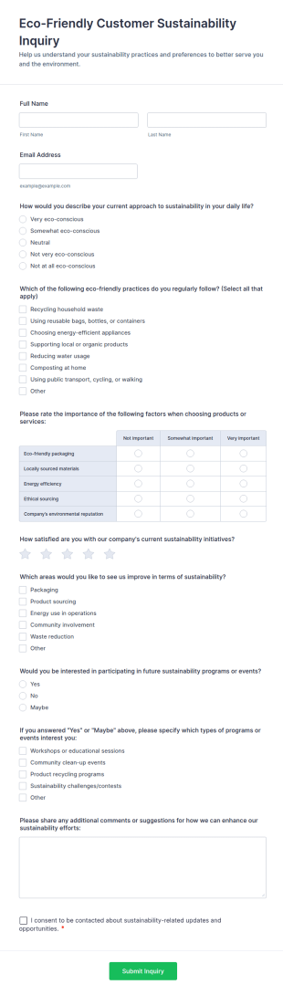 Eco Friendly Customer Sustainability Inquiry Form Template