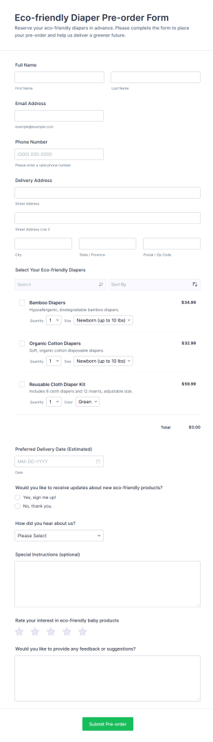 Eco Friendly Diaper Pre Order Form Template
