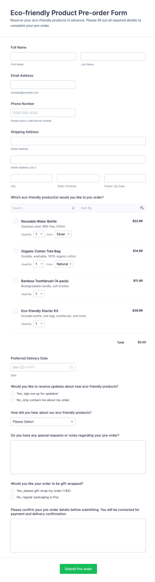 Eco Friendly Product Pre Order Form Template