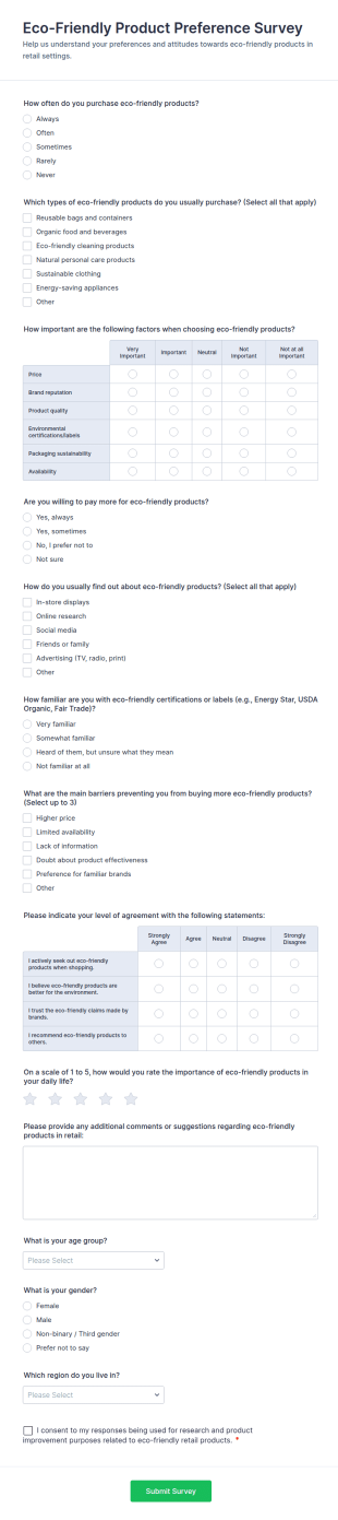 Eco Friendly Product Preference Survey Form Template