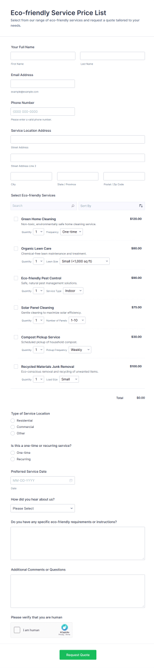 Eco Friendly Service Price List Form Template