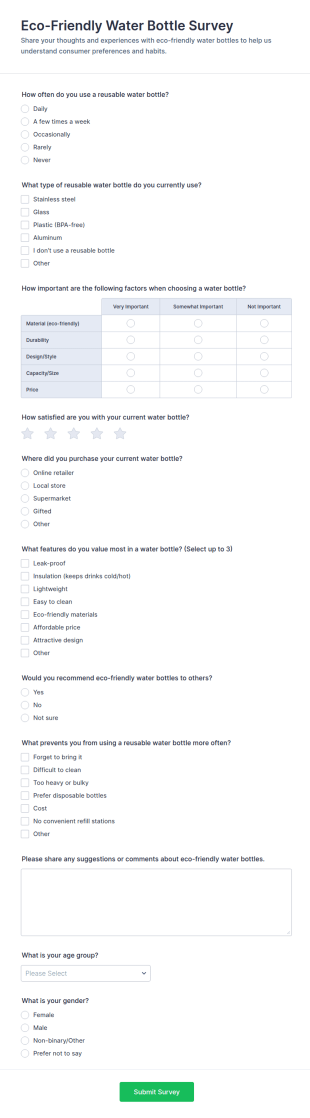 Eco Friendly Water Bottle Survey Form Template