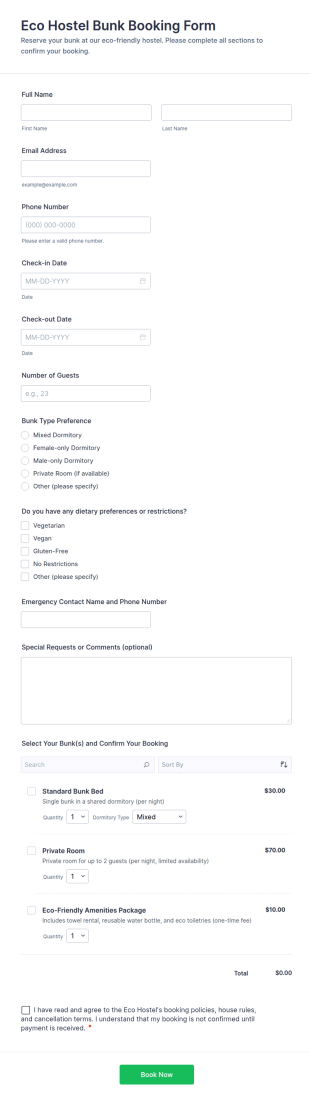 Eco Hostel Bunk Booking Form Template
