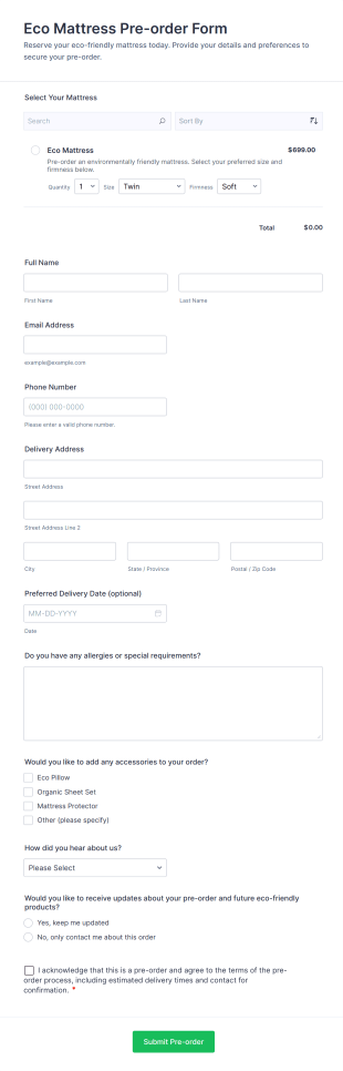 Eco Mattress Pre Order Form Template