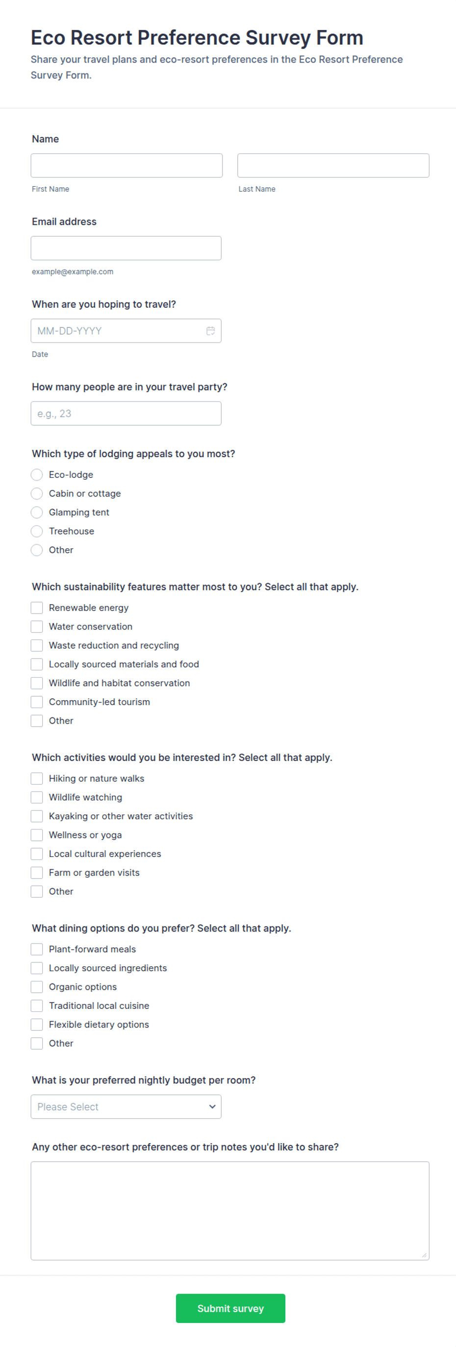 Intake Resort Eco Resort Preference Survey Form Template | Jotform