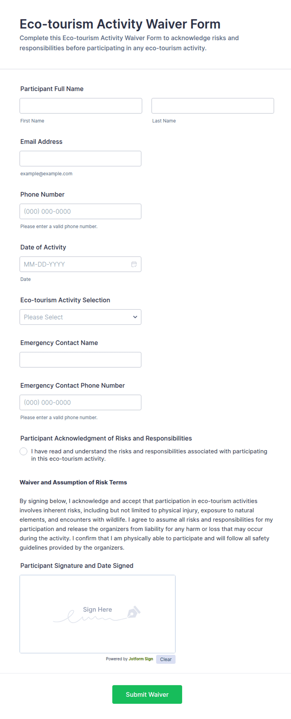 Eco-tourism Activity Waiver Form Template | Jotform