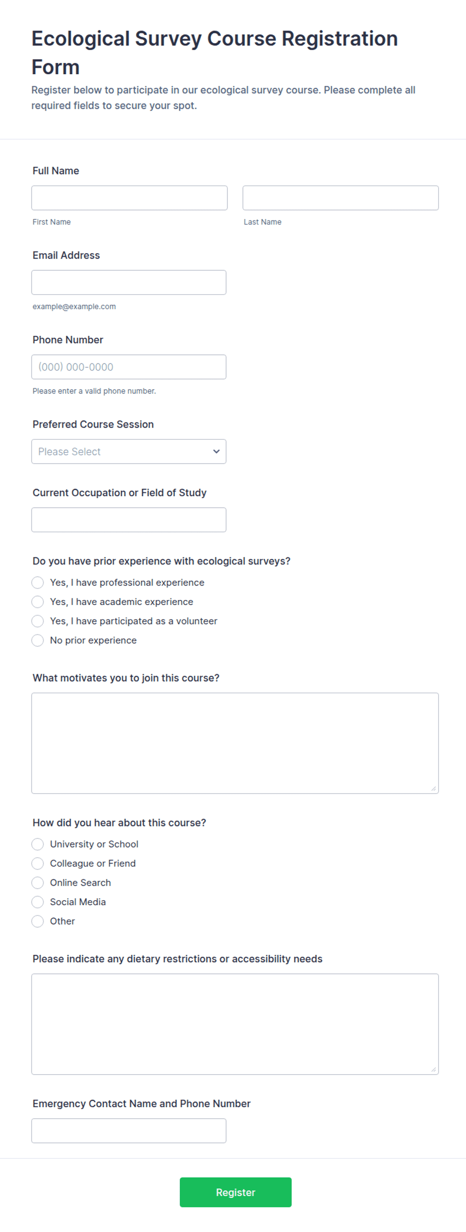 Ecological Survey Course Registration Form Template | Jotform