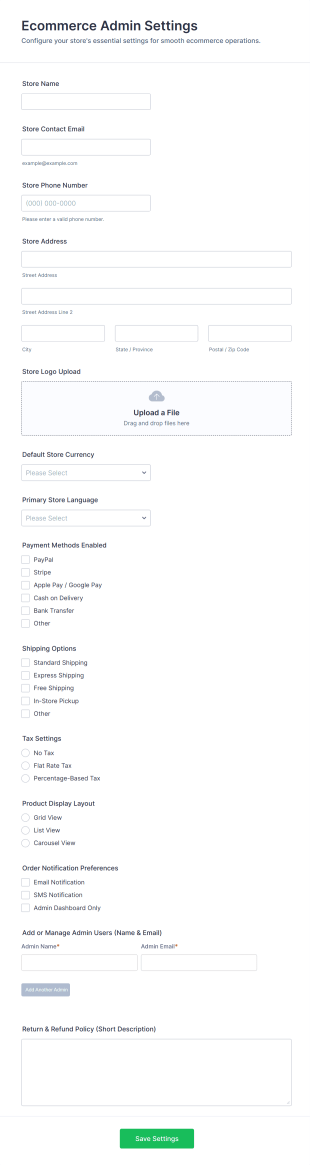 Ecommerce Admin Settings Form Template