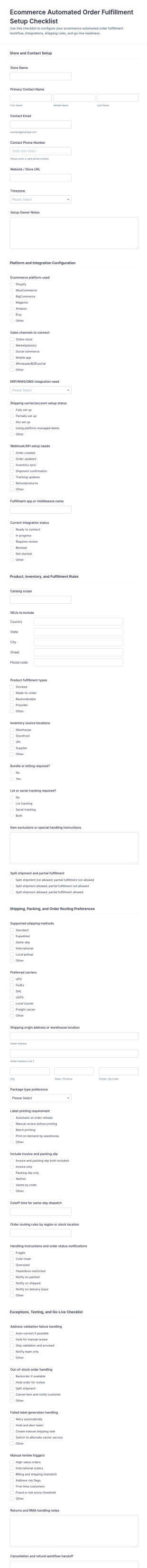 Ecommerce Automated Order Fulfillment Setup Checklist Form Template