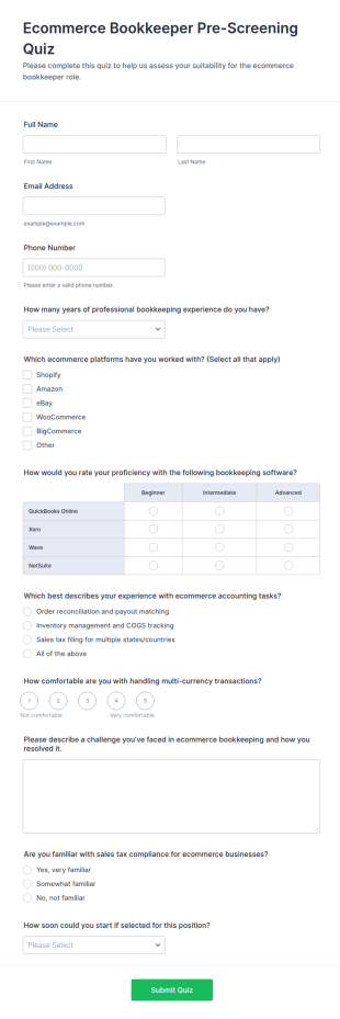 Ecommerce Bookkeeper Pre Screening Quiz Form Template