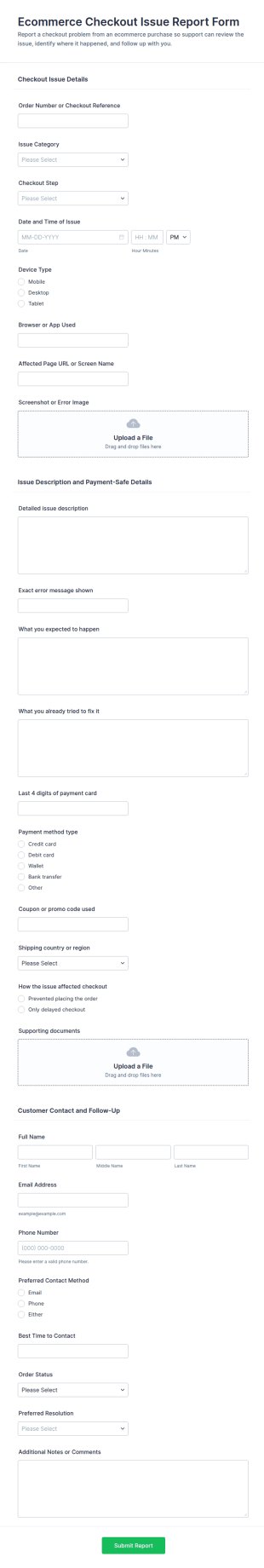 Ecommerce Checkout Issue Report Form Template