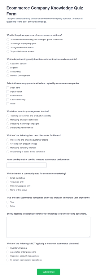 Ecommerce Company Knowledge Quiz Form Template
