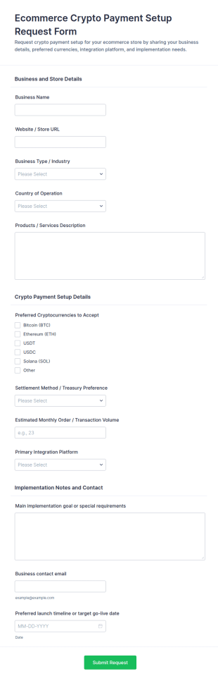 Ecommerce Crypto Payment Setup Request Form Template