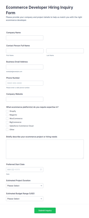 Ecommerce Developer Hiring Inquiry Form Template